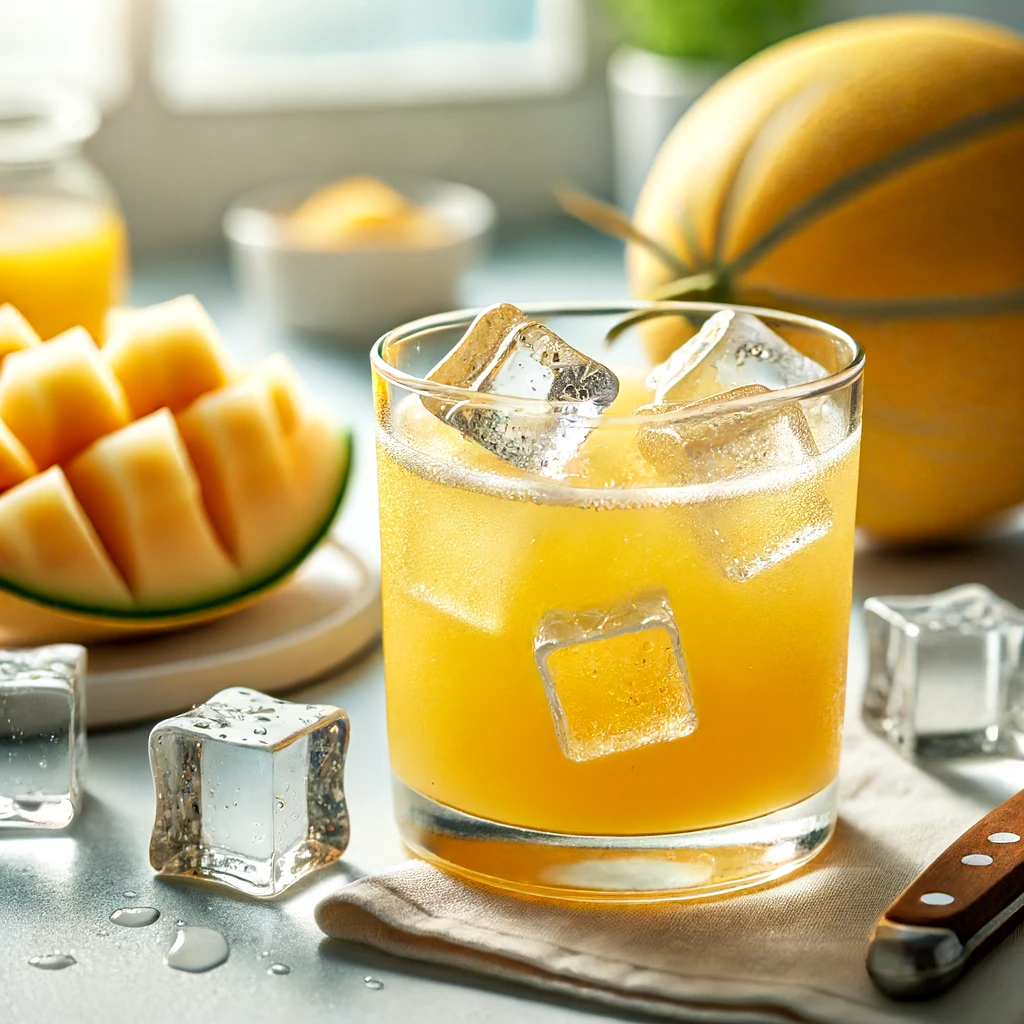 DALL·E 2024 06 13 13.50.40 A refreshing glass of Korean chamoe yellow melon juice with ice cubes. The juice is served in a clear glass showing the vibrant yellow color of the