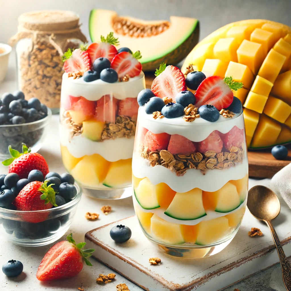 DALL·E 2024 06 13 14.26.15 A delicious yogurt parfait featuring slices of Korean chamoe yellow melon. The parfait is layered in a clear glass with yogurt chamoe slices and t