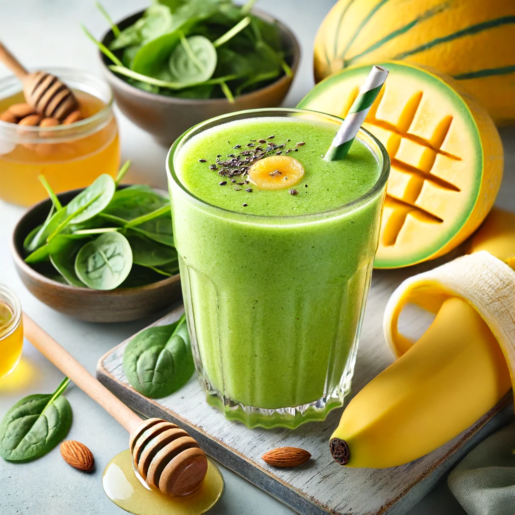 DALL·E 2024 06 13 14.27.32 A refreshing Korean chamoe yellow melon smoothie in a glass. The smoothie includes ingredients like one chamoe one banana a handful of spinach on